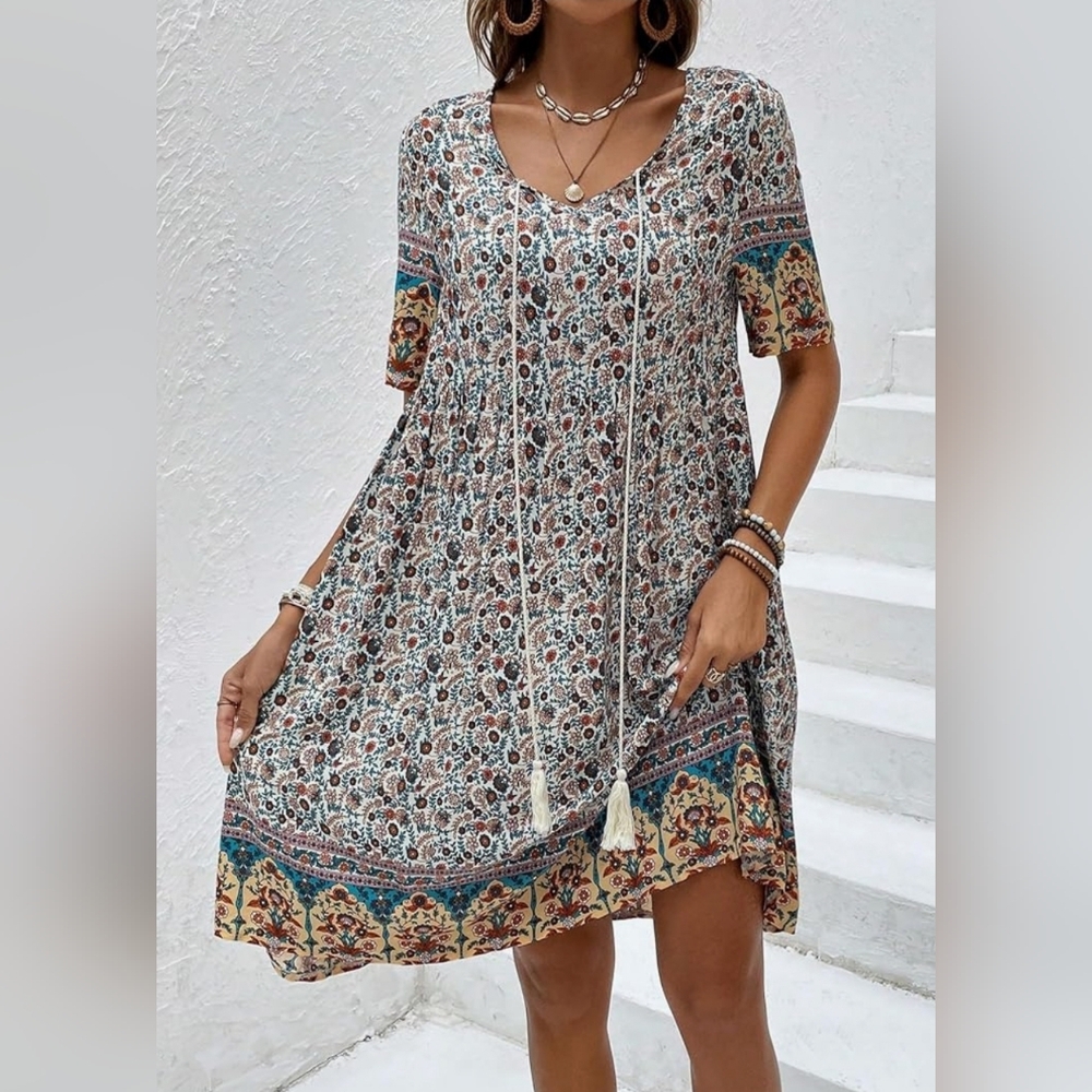 No Brand M Boho Shortsleeve Floral Print V-neck Summer Dress